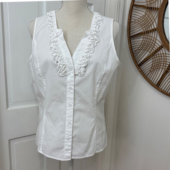 Talbots Tops - Talbots White Ruffle Sleeveless Blouse Sz 10 Cotton Classic Coastal‎ Cottagecore